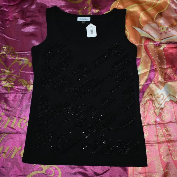 NEW calvin klein black beads rhinestone studs Bling Tank Top T-SHIRT Size XS / S - Picture 1 of 10